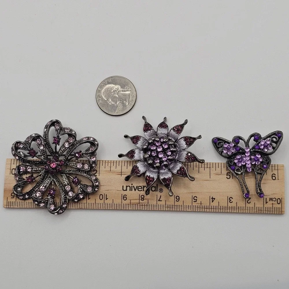 Rhinestone Floral Butterfly Brooch Pin Set 3pc Purple Pink Gunmetal‎ Whimsigoth